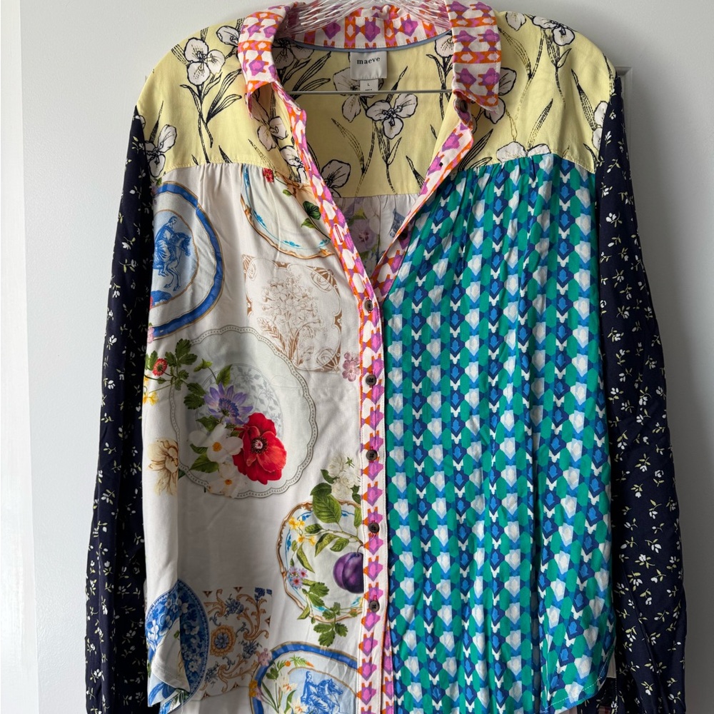 Maeve Multicolor Patchwork Button-Down Shirt with… - image 1